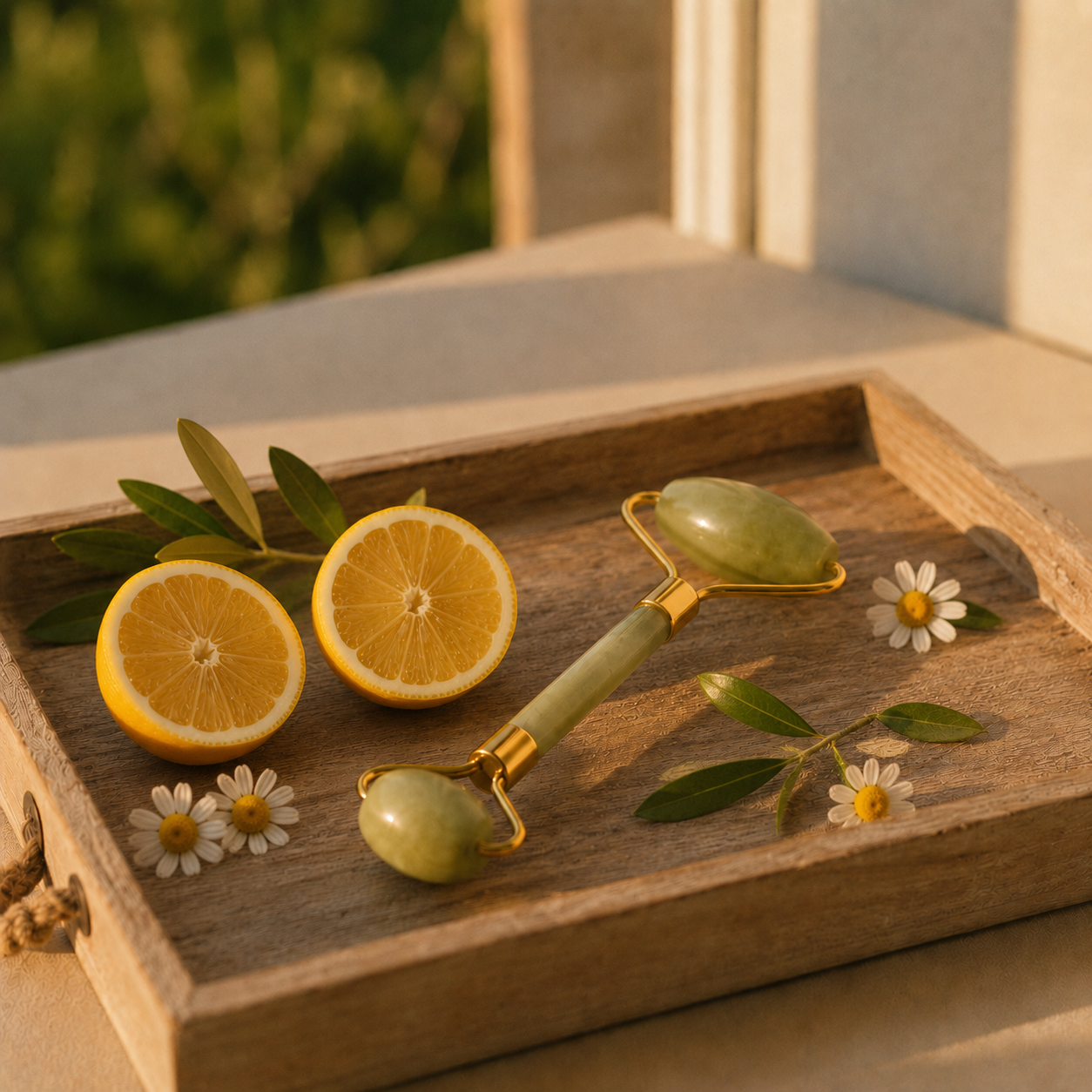 Rullo di giada su vassoio in legno con limoni, camomilla e foglie d'olivo