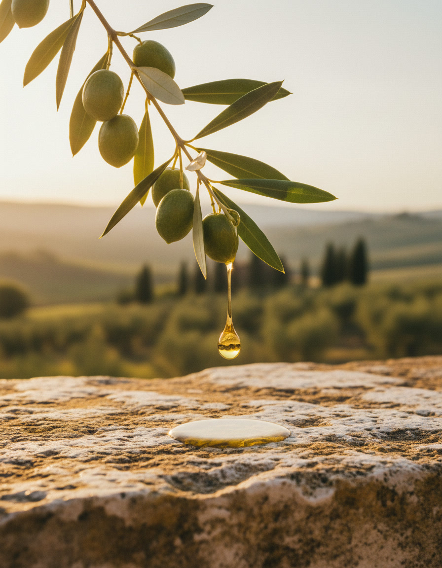 Ramo d'ulivo toscano con goccia d'olio sullo sfondo delle colline