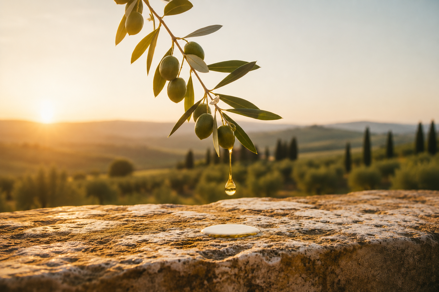 Ramo d'ulivo toscano con goccia d'olio sulle colline al tramonto