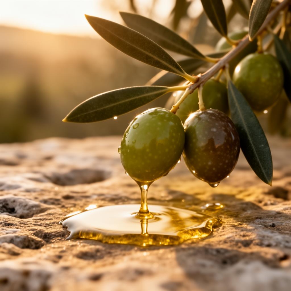 Olive verdi sul ramo con luce dorata